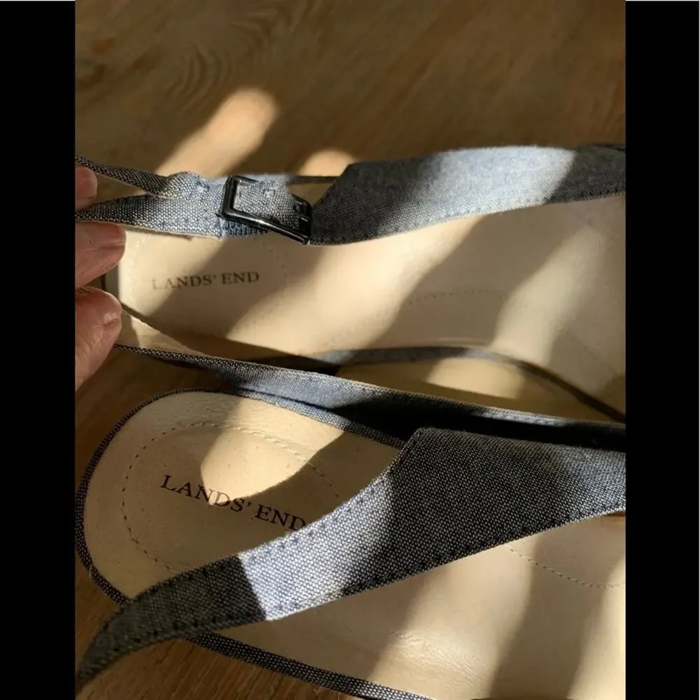 Lands End Denim Chambray Espadrille Wedge Sandals 9
